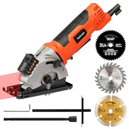 Yunirvana Compact Circular Saw, 580W Power, 3500 RPM, 28.5mm Max Cutting Depth, Includes 3X 85mm Blades, Laser Guide for Precision, Ideal for Cutting Wood, PVC, and More