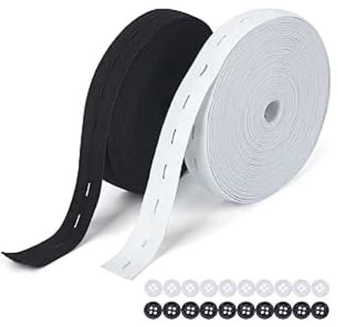 2 Rollen Gummiband mit Knopfloch, Gummiband zum Nähen in Schwarz und Weiß, 8 Meter pro Rolle, 15 mm Breite, inklusive 20 Anpassungsknöpfen, Ideal für DIY Kleidungsanpassungen und Handarbeiten