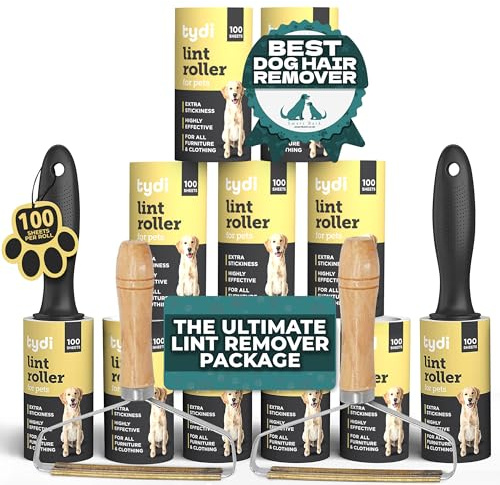Tydi Pet Hair Lint Rollers, 1100 Sheets with 2 Handles & 2 Lint Removers | 100 per Roll · Double-sided Manual Carpet Scrapers with Wooden Grip