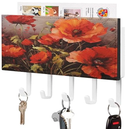 YTLKGFP Schlüsselhaken, Ölgemälde, rote Blume, bedruckt, Schlüssel-Organizer, selbstklebend, einfache Installation, Wandhalterung, hängendes Schlüsselbrett für Küche und Eingangsbereich
