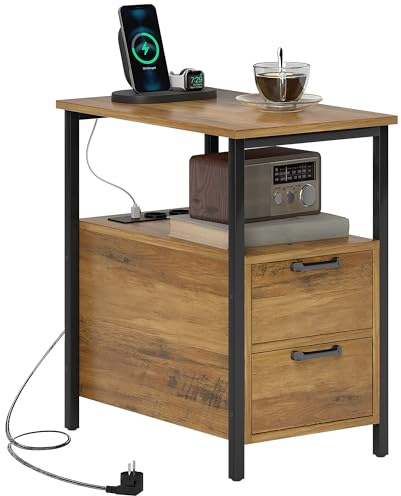 HOMCOM Table d'appoint, Bout de Canapé 2 Prises Port USB Type C 2 Tiroirs | Table de chevet, Étagère, Câble de 143 cm, Cadre en Métal, Bois Naturel