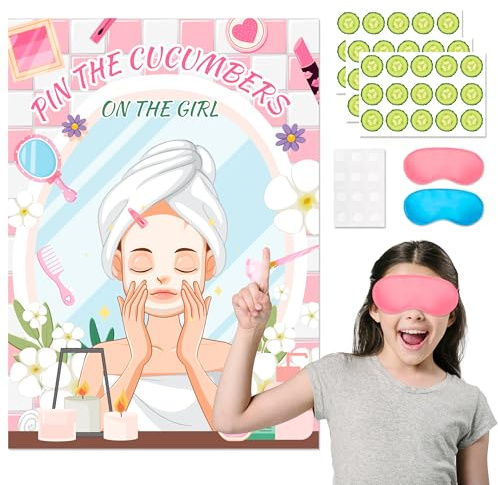 Kaxulvoblig Spa Party Games, 7pcs Pin The Cucumber on The Girl Kit - Spa Game Poster, Spa Birthday Party Decorations Blindfold of Spa Party Supplies