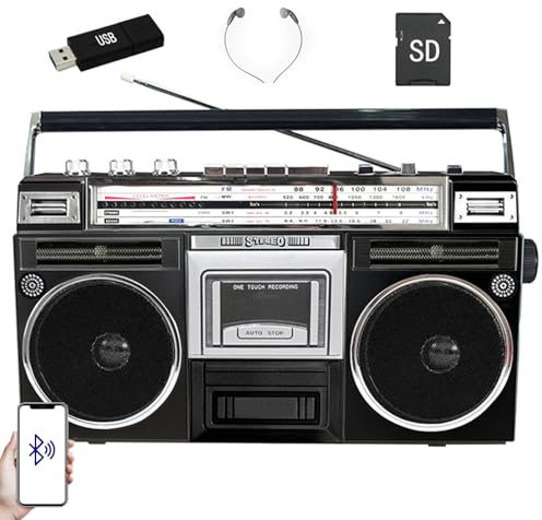 HDaspijh Reproductor De Casete Retro CláSico De Estilo De Los AñOs 80, Radio con Reproductor De Casete (Tarjeta De Memoria, USB, SD, TF, Auriculares, Cinta), para Reuniones Familiares Y Viajes,Black