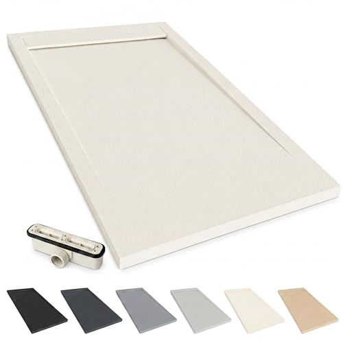 NEBADOON Plato de Ducha Resina Venecia Antideslizante 70x170 Crema Claro | Antibacteriano, textura pizarra cálida al tacto, válvula 60 l/min incluida, corte a medida, fabricado en España