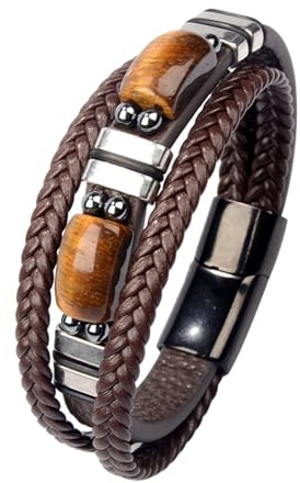 JENCVNL Bracelet en Cuir pour Homme, Bracelet En Cuir œIl De Tigre Tressé Pour Homme Bracelets En Cuirs œIl De Tigres Tressé Multicouche Cadeau pour Hommes (Café, 21)