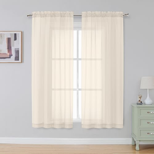 Simplebrand Cream Sheer Curtains 63 Inch Length 2 Panels, Rod Pocket Solid Color Window Sheer Curtain Panels, Elegant Curtains & Drapes for Living Room, Bedroom 2 Panels (Cream, 42 W x 63 L)