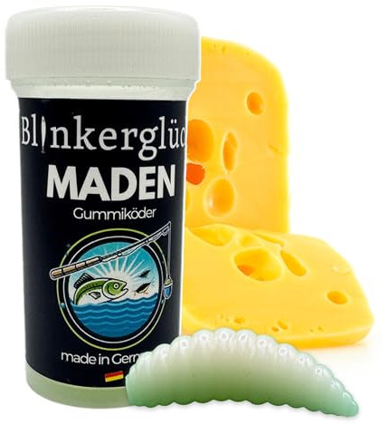 Blinkerglück Kunstmaden – 12 Stück 3 cm weiche Maden mit Käse-Aroma in wiederverschließbarer Dose (Natur)