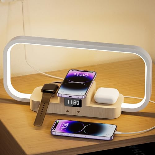 CRLL 3 en 1 Lámpara de Noche con Cargador Inalámbrico & Puerto USB, 5 Colores Lámpara de Mesa Control Táctil, Estación de Carga para Pods, Smartphone para Dormitorio y Oficina (Wood)