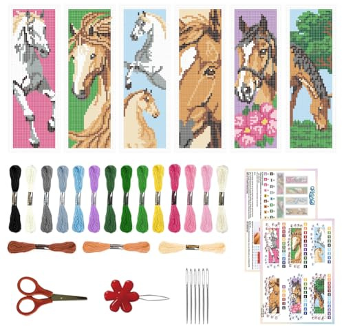 ORIGACH 6 Stück Pferd Kreuzstich Lesezeichen Set für Anfänger | 11CT Kreuzstich Set mit Anleitung Vorgedruckt, Vorgedruckt Sticken Lesezeichen-Set für Erwachsene Buch-Liebhaber