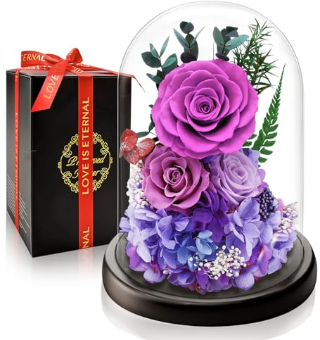 Ewige Lila Rose im Glas I Romantisches Rose Geschenk für Sie I Infinity Blumen mit LED-Beleuchtung I Zeitloses Geschenk für Frau Freundin Mama Oma I Perfekt für Hochzeit, Jahrestag,Valentinstag