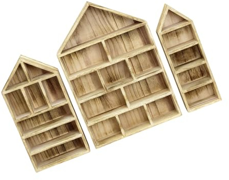 jiingekk Set di 3 mensole in legno a forma di casetta da parete, per modelli in miniatura, medaglie, collezioni