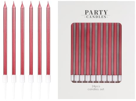 mciskin Red Birthday Candles,24pcs Long Party Candle for Cake,Red Cake Decorations for Women Men,Long Candle for Girls Boys Women Men Birthday Party Decor,Wedding Anniversary,Valentine's Day Supplies