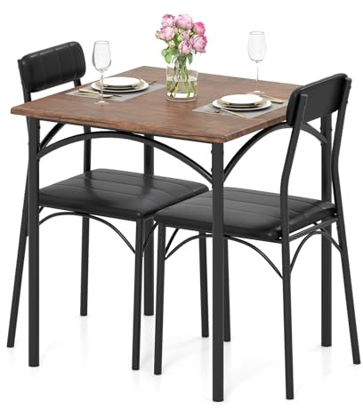 TANGZON 3 Pieces Dining Table Set, Wooden Kitchen Table and 2 PU Leather Padded Chairs with Veneered Tabletop, Metal Frame Space Saving Breakfast Dining Furniture Set for Dining Room Bistro Restaurant
