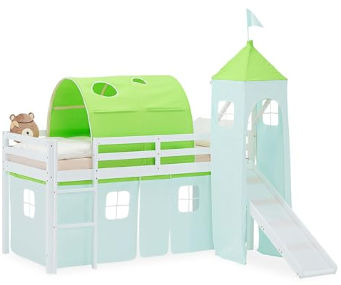 Homestyle4u Hochbett mit Rutsche 90x200 cm Weiß, Kinderbett aus Holz Kiefer, mit Turm Tunnel Vorhang Grün, Artikel 2971