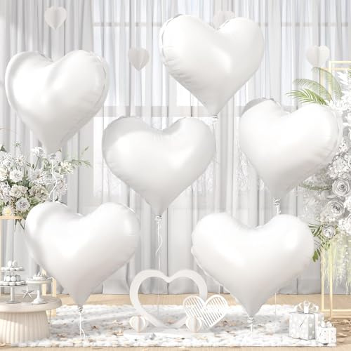 Weiße Herzballons, 6 Stück, 61 cm, große weiße Herz-Folienballons für Geburtstag, Hochzeit, Babyparty, Jahrestag, Party-Dekoration