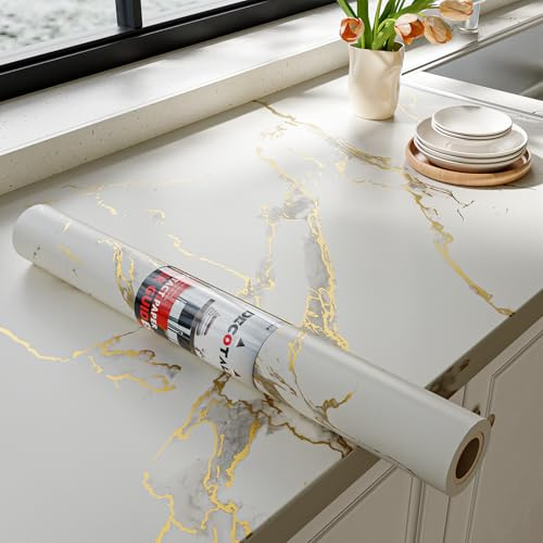 Decotalk Möbelfolie Selbstklebend Marmor Folie Weiß Gold 81X300cm Klebefolie Möbel Küche Weiß Matt Wandtapete Selbstklebend Arbeitsplatte Folie Marmoroptik Küchenfolie Möbelfolie Fur Küche Bad