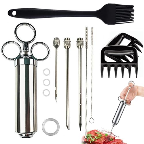 KATKLIU Siringa Alimentare in Acciaio Inox da 60ml con 3 Aghi – Siringa Marinatrice per Carne e BBQ, con Pennello e Artigli per Pulled Pork, Facile da Pulire