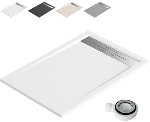 Plato Ducha Resina Antideslizante con Valvula y Rejilla | Textura Piedra | Blanco | 80 X 170cm