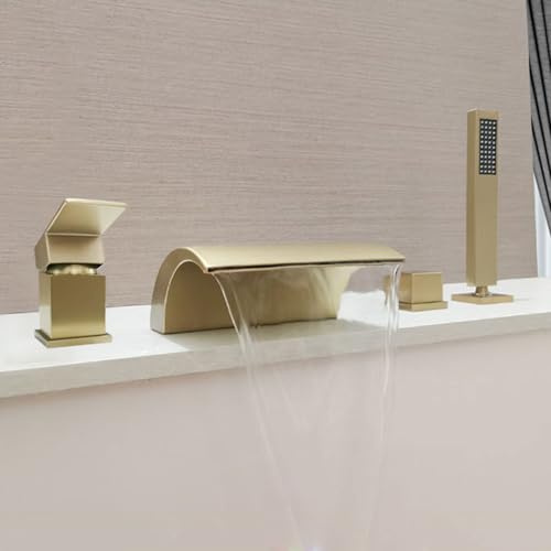XJTNLB Rubinetto Bordo Vasca 4 Fori Miscelatore Doccia Monocomando Oro Spazzolato Rubinetteria Completa a Cascata con Miscelatore Vasca