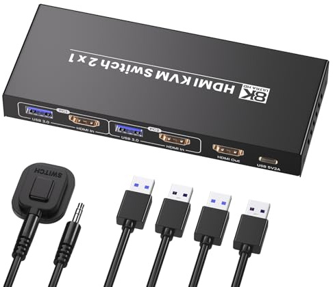 8K60Hz 4K120Hz HDMI KVM Switch 1 Monitor 2 Computers, 2 Port KVM Switch for Controlling 2 PCs with 1 Monitor, Keyboard and Mouse, 4 Port USB 3.0 for Peripheral