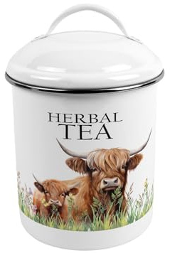 Purely Home Highland Cow & Calf Medium-Sized Metal Herbal Tea Canister - Stylish Farmhouse Tin Kitchen Storage Jar - Tea/Coffee/Sugar Caddy Gift With Lid & Handle