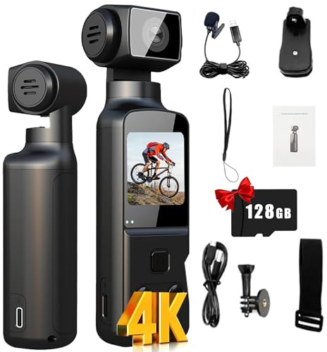 Générique Caméra de Poche 4K，Portable Caméra POV Vlogging avec Microphone Externe, avec Objectif Rotatif 270°, Mise au Point Rapide, écran Rotatif 1.3, Carte TF 128GB