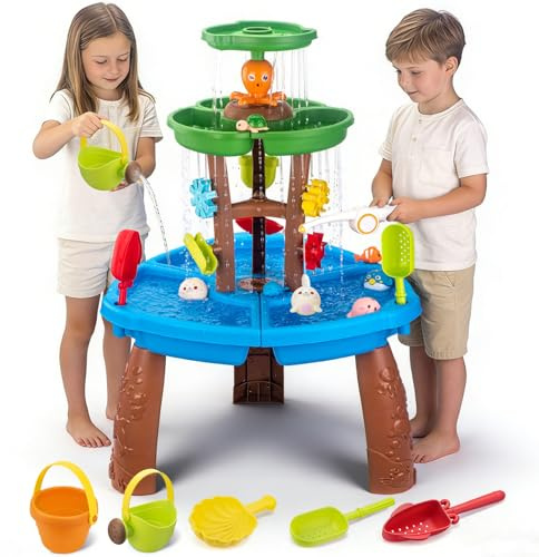 VROGTIK Wassertisch für Kinder, Mehrstöckiger Sand- und Wassertisch mit Angelspiel & Meerestier-Zubehör, Wasserspieltisch für Kleinkinder 3-12 Jahre, Outdoor Wasserspielzeug für Garten Terrasse