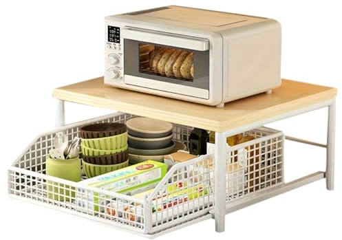Buhdjfnke Robuste Holzregal für Kaffeemaschine - Küchenarbeitsplatz Aufbewahrungsorganisator mit Schublade und Drahtkörben - Platzsparendes Design