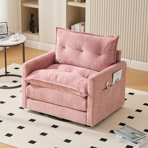 DRIXNO Relaxsessel, Fernsehsessel mit Liegefunktion, 360° drehbarer Loungesessel mit Armlehnen, Einzel Schlafsessel, Liegesessel im Wohnzimmer, Sessel mit Kissen, 92x67x74 cm, Rosa