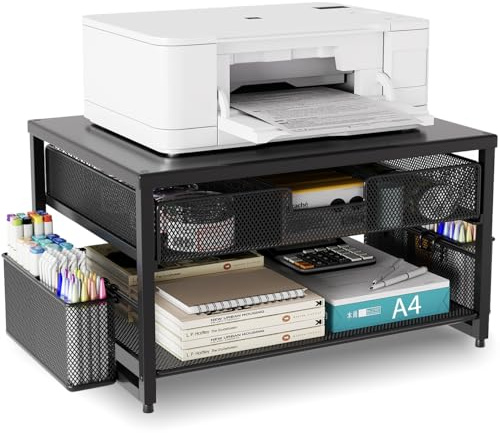 BOKIOVIN Metal Desk Printer Stand with Storage Drawer and 2 Pen Holders, 2 Tier Desktop Printer Riser Shelf with Paper Holder Storage,Multi-Purpose Office Desk Organizer,Black