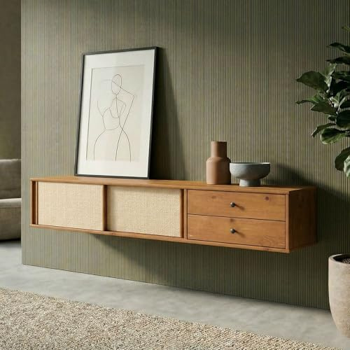 IDIMEX Meuble TV Suspendu Simona 175 cm avec 2 Tiroirs et 2 Portes Coulissantes en Rotin, en Bois Massif Coloris Chêne, pour téléviseur jusqu'à 75, Style Vintage Scandinave Années 50
