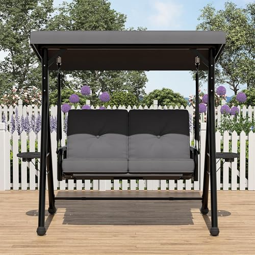 Hollywoodschaukel 2-Sitzer Mit Verstellbarem Sonnendach & Standgestell, Gartenschaukel Mit Abnehmbarem Kissen, Getränkehaltern & Klapptisch, Wasserabweisend Für Terrasse Garten Balkon, Bis 280kg, Grau