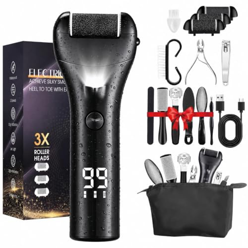 Electric Foot File for Hard Skin Remover, Rechargeable Callus Remover for Feet with 3 Replacement Roller Heads, 3 Speeds & LED Display, Waterproof Pedicure Kit, 16 in 1 Foot Care Set with Storage Bag