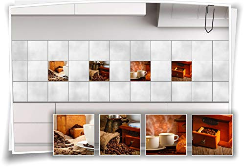 Medianlux Fliesen-Aufkleber Fliesen-Bild Kaffee Cappuccino Latte-Macchiato Espresso Kaffeebohnen Küche Deko Folie Coffee, 15x15cm