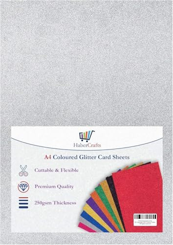 Habercrafts A4 silver glitterkort icke-skjul gnistrande hantverk ark 250 gsm bling hantverkskort glitter kartong syrafri (10 ark)