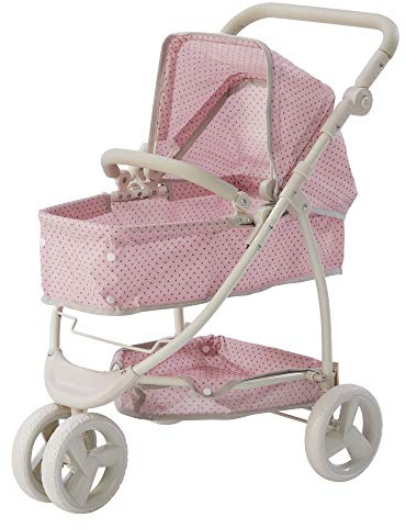 Olivia's Little World 2-in-1 Convertible Baby Doll Stroller with Retractable Canopy, All-Terrain Wheels, and Adjustable Handle, Cream and Pink with Gray Polka Dots