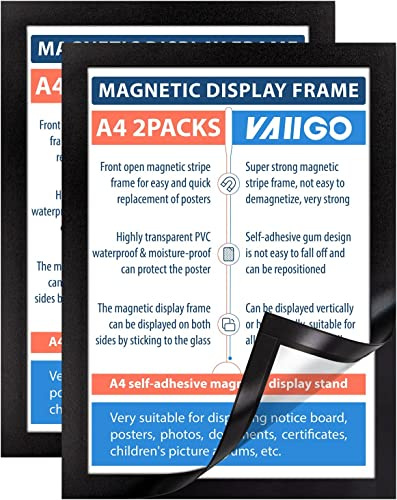 VAIIGO A4 Self Adhesive Magnetic Display Frame, Magnetic Paper Holder for License, Photos, Documents (2Pack, Black)