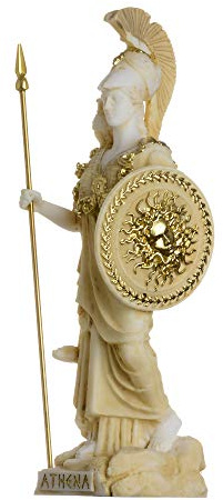 BeautifulGreekStatues Athene mit Eule, Medusa-Schild, griechische Göttin Alabaster, Statue, Gold, 17 cm