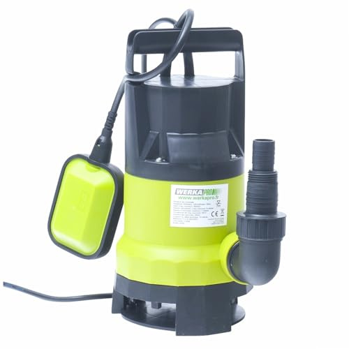 WERKA PRO Pompe Immergeée Tout Usage 400W avec Flotteur - Débit Max 8000 L/H - Refoulement 5 m - Gestion Impuretés Ø 35 mm - Sortie Coudée Ø 25/32 mm - Câble 10 m - Vert et Noir
