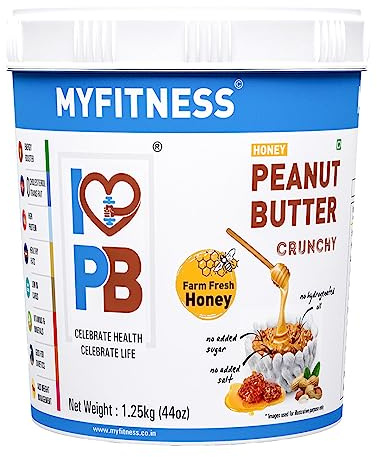MYFITNESS Peanut Butter Gentechnikfrei, glutenfrei, ohne Konservierungsstoff, rein natürliche Inhaltsstoffe, hohe Protein-Erdnussbutter hergestellt mit amerikanischem Rezept (1,2 l, Honig knusprig)
