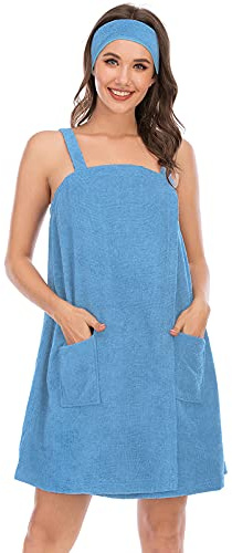 Jamron Donna Regolabile Abito Asciugamano da Bagno con Fascia per Capelli per Doccia Sauna Spa & Coperture da Spiaggia Blu L