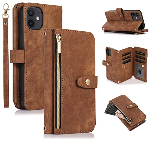 UEEBAI Hülle für iPhone 12 Mini, Leder Klapphülle, Retro Braun | 9 Kartenfäche Lederhülle mit Umhängegurt Handschlaufe Ständer Reißverschluss Handyhülle Magnetverschluss Wallet Flip Case