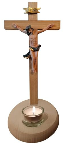 Kaltner Präsente Geschenkidee – Holzkreuz Teelichthalter Standkreuz Kruzifix aus Echtholz Buche und Ahorn mit Teelicht Kreuz unbehandelt mit Jesus Christus Figur aus Kunststein handbemalt (Höhe 35 cm)