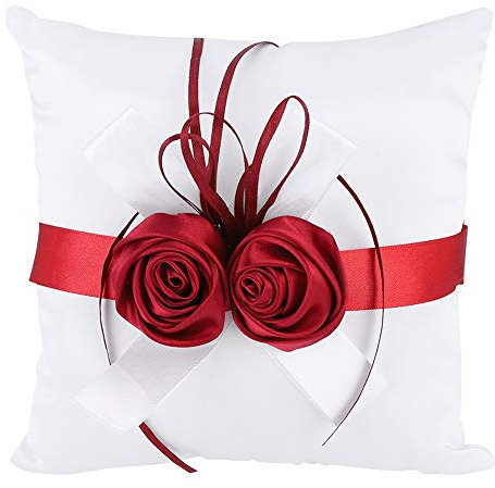 BORDSTRACT Oreiller pour Alliances 20 x 20 x 9,5 cm, Oreiller pour Alliances à la Mode Blanche avec Ruban Rose Rouge Chaud Artificiel pour Décorer Les Accessoires De Mariage