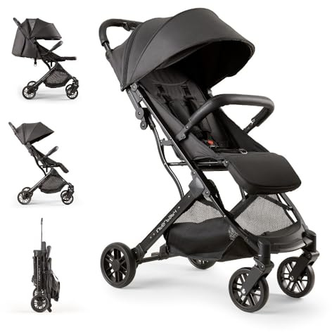 Interbaby Reisebuggy klein bis 22 kg Handgepäck, Liegefunktion (Schwarz) | Reisebuggy Einhand-Faltsystem, Flugzeug Handgepäck, XXL Verdeck UV50+, Liegefunktion, 4-Rad-Federung, ab Geburt