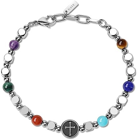GAVU Herren Kreuz Armband mit Edelsteinperlen und silbernen Edelstahl Quadratperlen