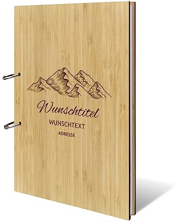 Personalisiertes Ferienwohnung Gästebuch echtes Holz DIN A4 Besucherbuch mit Lasergravur - Berge - mit 72 Blatt / 144 Seiten Naturpapier Weiß