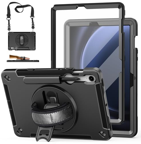 Case for Galaxy Tab S10 Lite &S10 FE S9 FE 10.9/S9 11 Inch: TPU Cover for Samstng Tablet S10 FE/ 2025/ S9 FE & S9 2023 5G with Screen Protector- Stand- Handle-Shoulder Strap-S-Pen Holder-Black