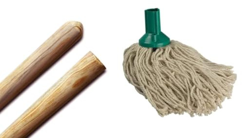 Best House Pine Wood Mop Stick, Mop Handle for Mop Head -1.2 Metres x 22mm + 1 Pcs Cotton 14 Ply Plastic Push Socket Mop Head - 250g for Floor Cleaning/Sweeping in Home/Office