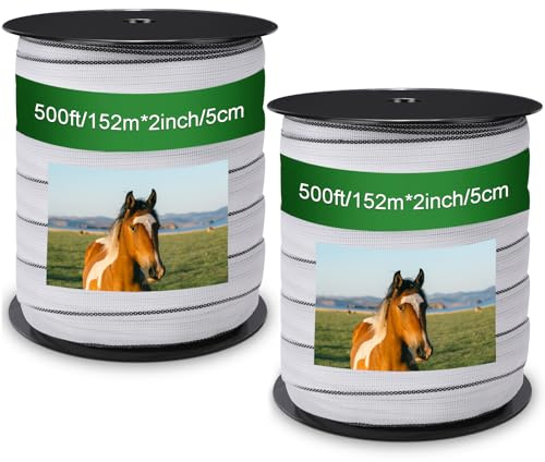 Wowangce 2 Pcs Poly Tapes for Electric Fence Horse Fence Tape Wire, 500 Feet(152.40m) Length Tape for Electric Fence, 2 Inch Wide(50.8mm) Fencing Tape for Livestock(White)
